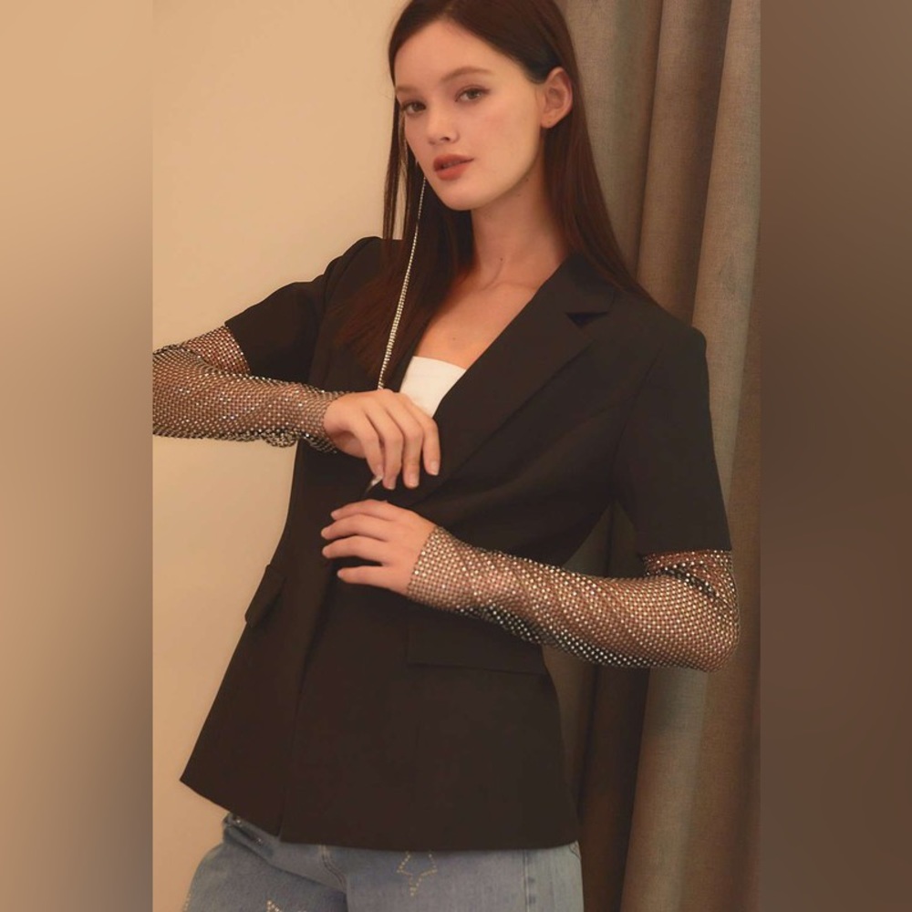This Is How We Do It Black Rhinestone Mesh Sleeve Blazer - Picture 5 of 9